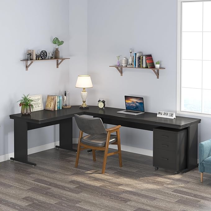 Tribesigns 83 L-Shaped Executive Desk Reversible Modern Office Desk with Drawers &amp Rolling File Cabinet Large Corner Computer Desk Business Workstation for Home Office (Black)