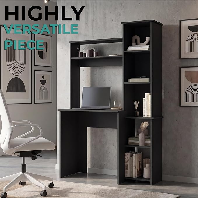 Tuhome Versalles Writing Desk with Two Superior Shelves Five Side Open Storage Compartments Space-Saving Modern Workstation Design for Studios and Offices Ideal for Organization Books