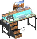 Lufeiya Reversible Gaming Desk with LED Lights and Power Outlets 47 inch Home Office Desk with Monitor Stand Computer Desk with Fabric Drawers Rustic Brown