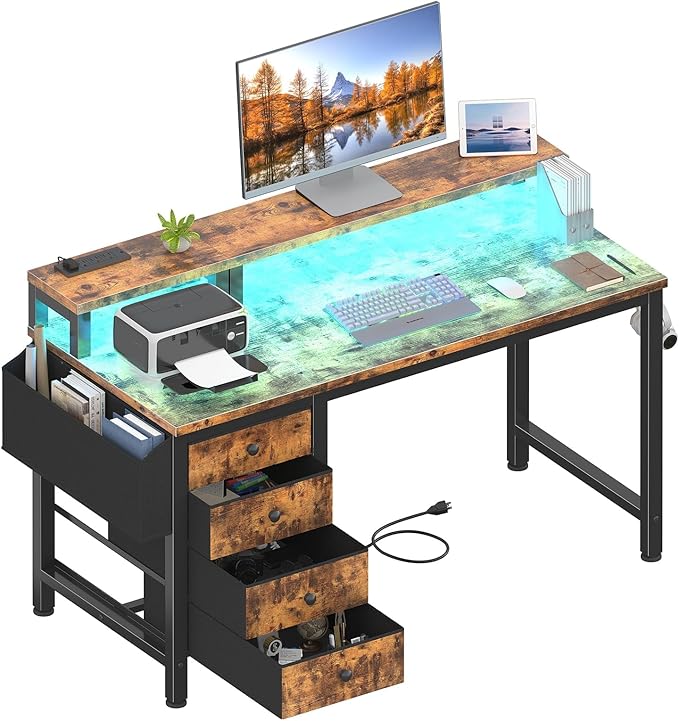 Lufeiya Reversible Gaming Desk with LED Lights and Power Outlets 47 inch Home Office Desk with Monitor Stand Computer Desk with Fabric Drawers Rustic Brown