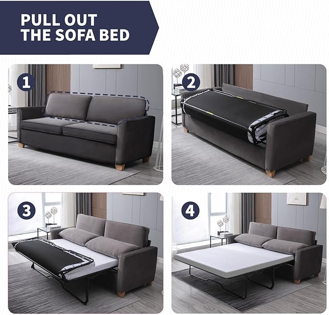 77 Queen Size Pull Out Sofa Bed 2 in 1 Sleeper Sofa Couch Bed Velvet Modern Convertible Guest Sofa Couch Beds Queen Mattress Cushions Pillow Include for Home Apartment Office Dark Grey
