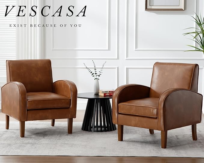 VESCASA Upholstered Accent Chair with Wood Legs PU Faux Leather Comfy Single Sofa with Curve Arms Modern Side Club Leisure Chair for Reading/Living Room/Bedroom Brown