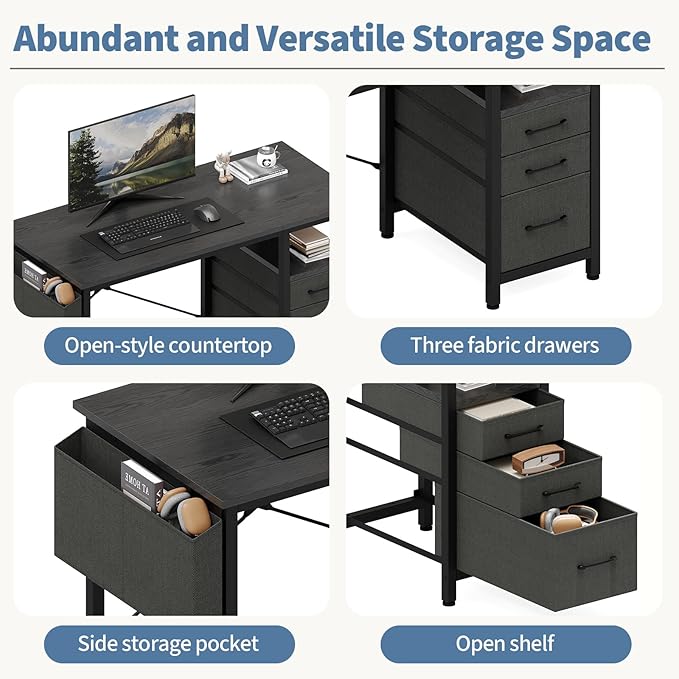 DUMOS 39 Computer Desk with Storage Small Home Office Desk with 3 Fabric Drawers &amp Side Pocket Space Saving Writing Desk for Apartment Dorm Gaming Workstation Black