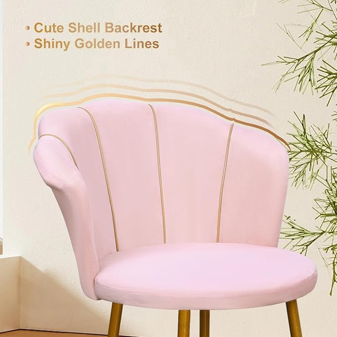 Mid-Century Modern Accent Chair Velvet Upholstered with Golden Legs - Versatile Dining Living Room Bedroom Study &amp Waiting Room Chair with Back Support Elegant Vanity Chair Pink