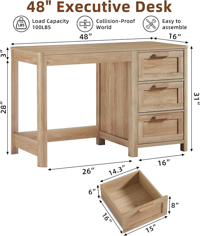 Office Desk 48 with 3 Drawers Storage File Cabinet Wood Farmhouse Desk for Computer Office Bedroom Home Furniture Natural