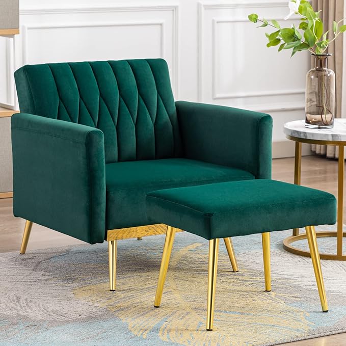 Paddie Modern Velvet Single Sofa Chair with Ottoman Accent Living Room Chairs with Adjustable Armrests Upholstered Tufted Lounge Chair for Home Bedroom Office