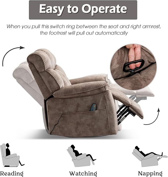 INZOY Oversized Rocker Recliner with Heat and Vibration Manual Swivel Rocking Recliner Chair with Vibrating Massage Comfy Padded Overstuffed Soft Fabric Heated ReclinerCamel
