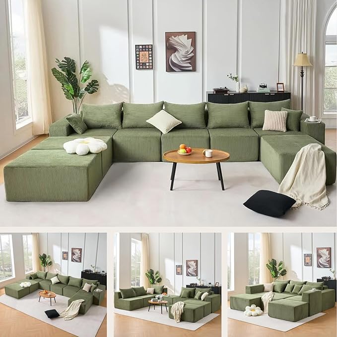 155 Oversized Cloud Boneless Couches for Living Room U-Shaped Modular Sectional Sofa with Deep Seat 8 Seater Boneless Couch with Ottoman &amp Pillows DIY Combination Modular Couch (Green 155)