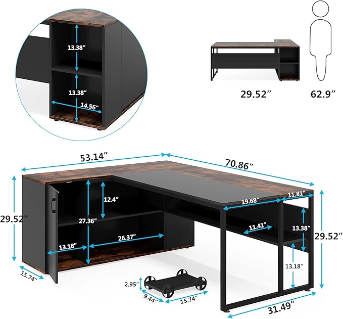 LITTLE TREE Large Computer Desk with File Cabinet 71 inch Executive Desk L Shaped Office Desk Business Furniture Desk Workstation for Home Office Brown