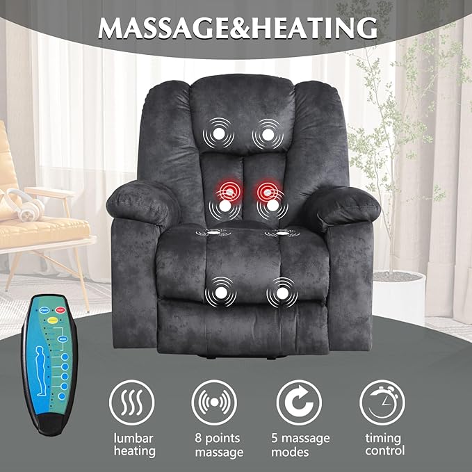 CANMOV Large Power Lift Recliner Chair with Massage Heat and USB for Elderly Overstuffed Wide Recliners Heavy Duty and Safety Motion Reclining Mechanism Gray