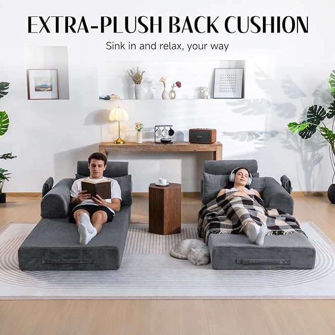 79 Corduroy Sofa Bed Sleeper Couch 6-in-1 Convertible Boneless Floor Futon Loveseat High-Density Foam Couch in a Box with 2 Headrest Pillows No Assembly Dark Grey