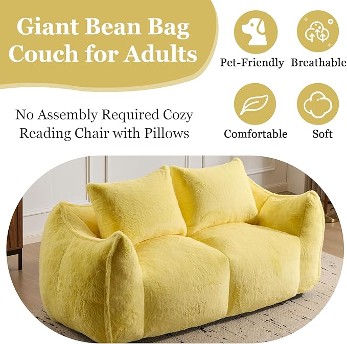 75 Inch Loveseat Bean Bag Couch for Adults Oversized Compressed Boneless Sofa Couch in a Box for Living Room Bedroom Apartment Soft FluffyNo Assembly (Yellow)
