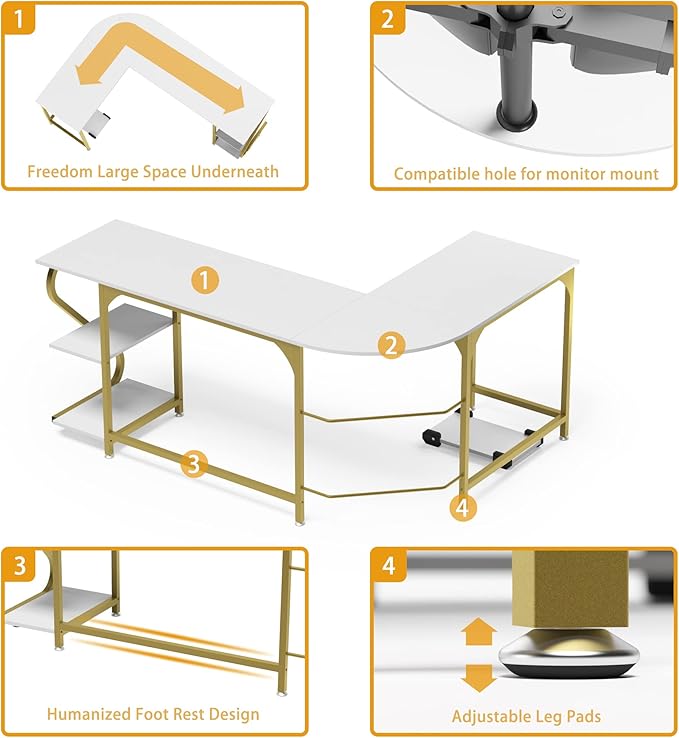 Weehom L Shape Desk with Shelves Computer Desk Monitor Shelf and Printer Storage Round Corner Table for Home Office White Gold