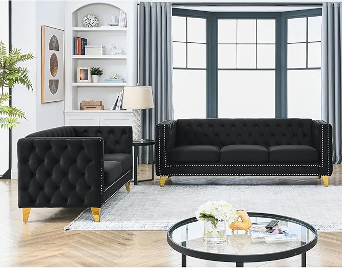 Antetek Comfy Upholstered Couches for Living Room 58-inch Modern Button Tufted Loveseat Sofa w/Square Arm 4 Golden Metal Legs and Gold Nail Heads for Living Room Office Apartment Black