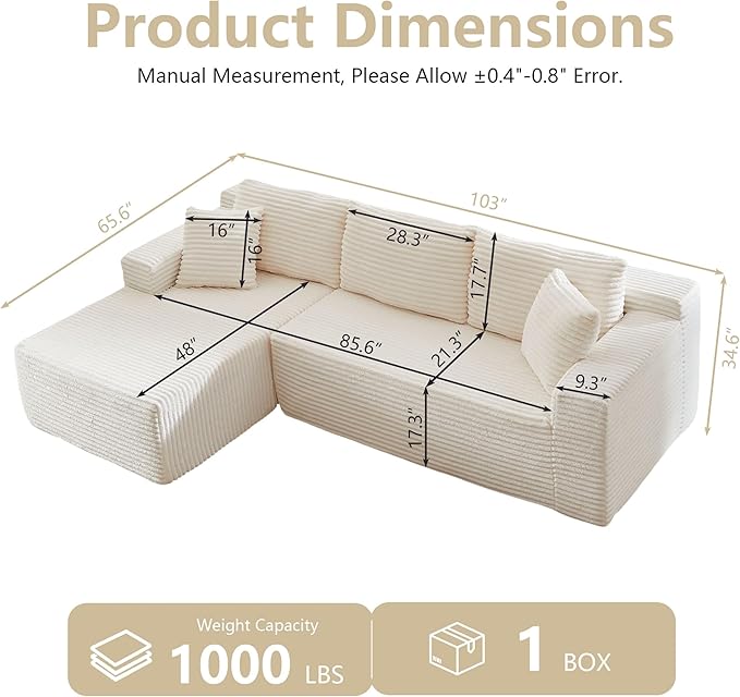 GNIXUU Boneless Sectional Couch with L-Shape Chaise Modern Modular Sofa with Deep Seat Comfy Corduroy Cloud Couches for Living Room Bedroom Apartments No Assembly Required Beige