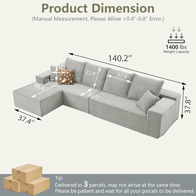 140 L Shaped Cloud Sectional Couch for Living Room Modular Floor Deep-Seat Sofa Big Comfy Corduroy Couches Set with Fluffy Memory Foam for Living Room Bedroom No Assembly Required Grey