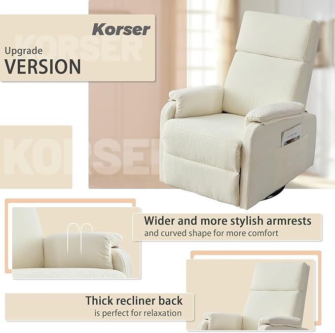 Swivel Rocking Recliner with Massage Small Glider Chair for Nursery Modern-Designed Armrests Chair for Adults Living Room Chenille Beige