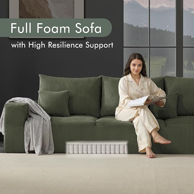 113 Modular Sectional Couch Cloud Boneless Sofa with Deep Seats Upholstered Corduroy Sofa Bed with Loung Chaise 3-Seater Couches for Living Room No Assembly Required Green