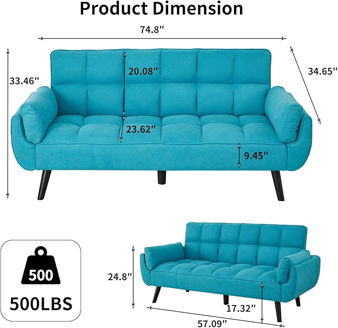 Sofa Couch for Living Room 74.8 Linen Tufted Modern Comfy Couch with Pillow-Top Armrest 3 Seater Upholstered Sofa for Small Spaces Office Apartment Blue