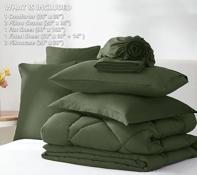 CozyLux Queen Comforter Set Olive Green - Bed in a Bag Queen Size 7 Pieces Luxury Soft Bed Set for All Seasons Bedding Set with Down Alternative Comforter Sheets Pillowcases &amp Shams