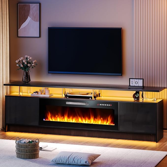 80'' TV Stand with 42'' Fireplace - LED Light Entertainment Center for 90 inch TVs - Black Cabinet with Storage Modern Console for Living Room