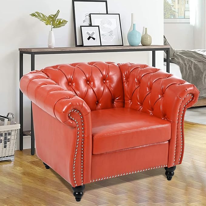Orange Black Faux Leather Chesterfield Accent Chair with Tufted Upholstery Wingback Design &amp Club Style for Living Room Bedroom Office Furniture