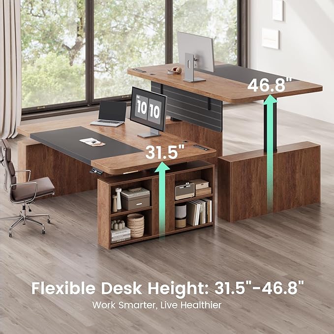 SEDETA 63 Executive Standing Desk with Storage Executive Height Adjustable Desk with Power Outlets Large Computer Office Desk with Privacy Panel for Home Office Warm Golden Brown