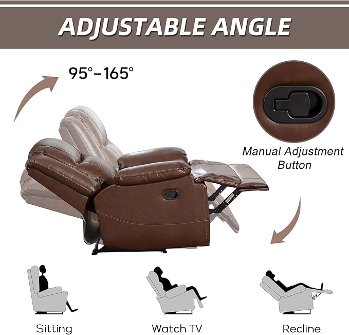 EBELLO Genuine Leather Manual Reclining Sofa 3 Seat Recliner Sofa Couch for Living Room Bedroom Furniture Meeting Room Brown