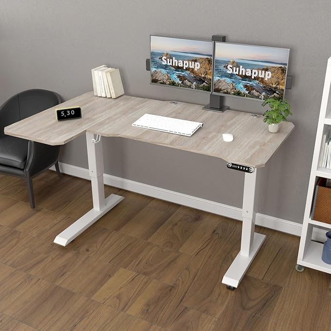 Electric Height Adjustable Standing Desk Sit - Stand Desk for Work or Home Office Push Button Memory Settings Splice Board (Light Oak 59x24)