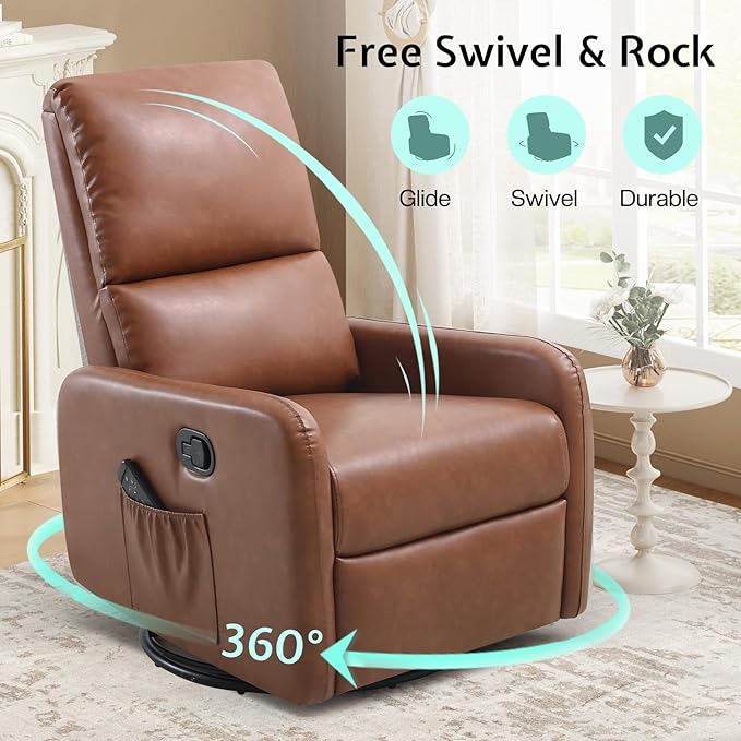 Jocisland Swivel Glider Rocking Recliner Chair for Adults Nursery Rocker Reclining Comfy Upholstered Single Sofa Armchair for Living Room Bedroom Nursing Leather Brown