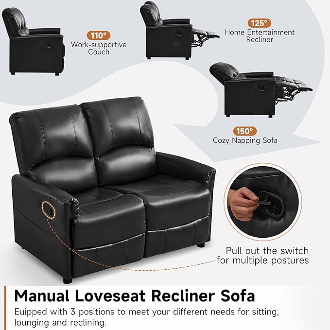 Manual Reclining Loveseat Sofa 2-Seater Recliner Couch with Overstuffed Backrest PU Leather Upholstered Double Recliner for Living Room RV Small Spaces Black