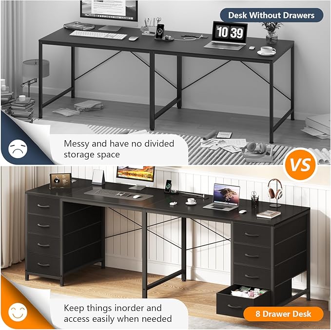 TVU 78 2 Person Desk with 8 Fabric Drawers Long Computer Desk Home Office Desk with Storage Two Person Double Desks with Power Outlets Brown and White