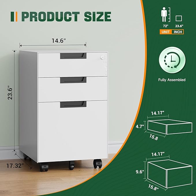 Letaya 3 Drawer Mobile File Cabinet with LockUnder Desk Metal Small Filing Cabinets for Home Office Organizer Letters/Legal/A4(Fully Assembled Except Wheels-White)