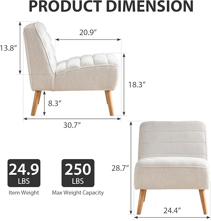 Armless Accent Chair Single Sofa Chair Mini Cute Side Sofa with Sherpa Fabric Upholstered Cushion for Small Space Apartment Bedroom Living Room White.