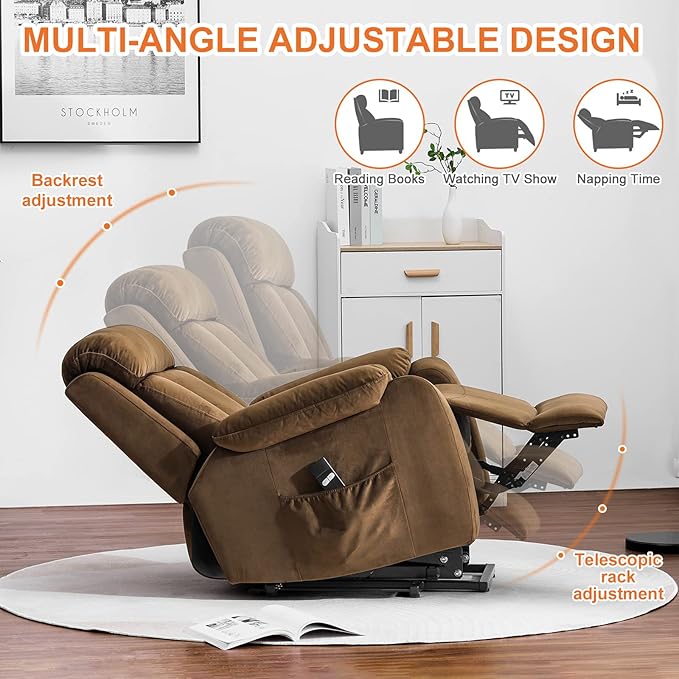 DAZONE Brown Small Power Lift Recliner Chair for Elderly - Quiet Motor Electric Recliner with Overstuffed Comfort with Space-Saving Design for Living Room Bedroom