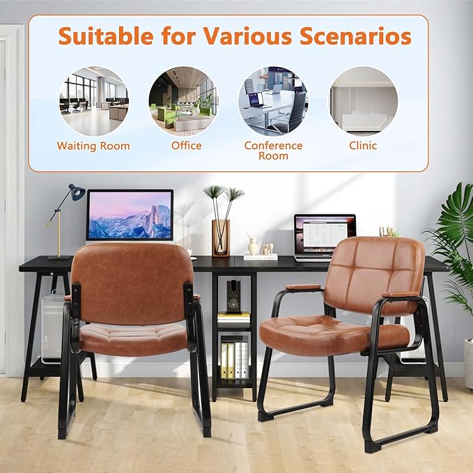 CLATINA Big &amp Tall 500 lb Waiting Room Chairs with Padded Armrests and Sled Base Leather Stationary No Wheels Office Reception Guest Chair for Lobby Home and Meeting Conference Brown (2 Pack)
