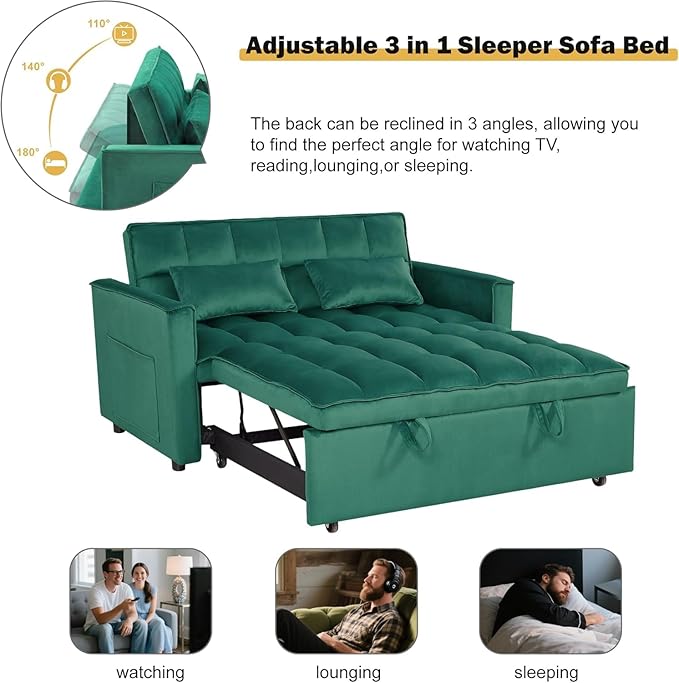 Convertible Sofa Bed 3 in 1 Pull Out Couch with Side Pockets Velvet Fabric Loveseat Sleeper Sofa Bed Pull Out Couch with Adjustable Backrest for Living Room Bedroom Apartment Green