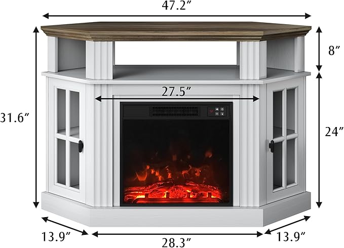 YESHOMY Corner Fireplace TV Stand for Television up to 55 with Storage Cabinets Entertainment Center Media Console for Living Room Bedroom White＆Rustic
