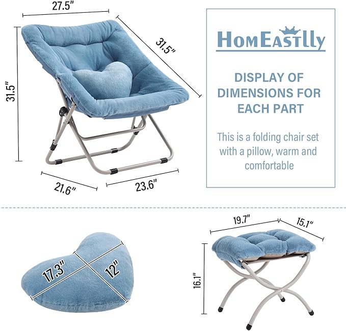 Saucer Chair with Ottoman Comfy Oversized Folding Chair Faux-Fur Reading Chair for Teens Adults Foldable Accent Lazy Chair Metal Frame Chair for Living Room Bedroom Blue