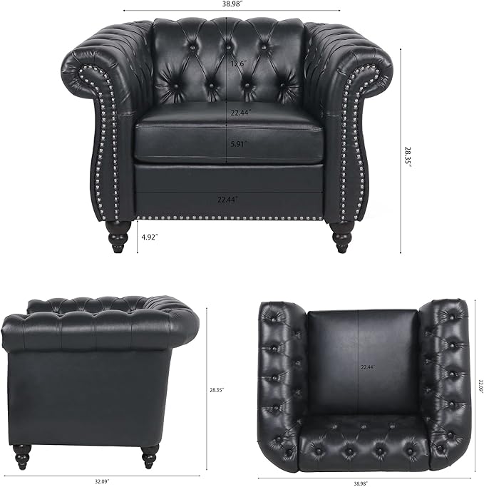 39 Chesterfield Fabric Single Sofa FurnitureUpholstered Sofa with Tufted BackRoll Arm Classic Chesterfield Settee Couches for Living RoomOffice (Black + PU)