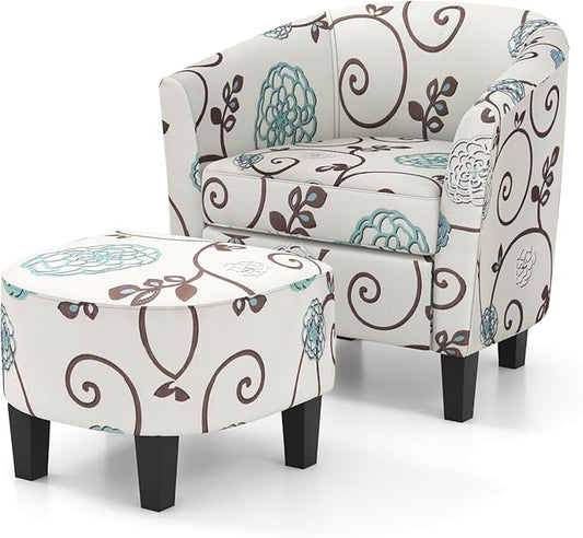 Giantex Small Accent Chair with Ottoman Set Upholstered Barrel Chair with Footrest Modern Accent Armchair with Ottoman Round Club Chair for Living Room Small Space Bedroom (Blue Flower)