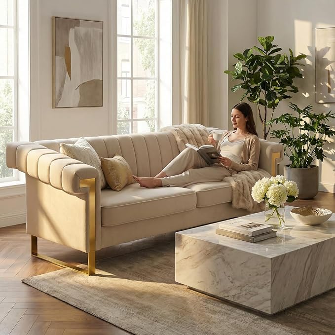 Luxury Velvet 3-Seater Sofa Mid-Century Modern Couch with Gold Metal Legs Waterfall Stitched Back Removable Cushions for Living Room Durable &amp Comfortable (Beige)