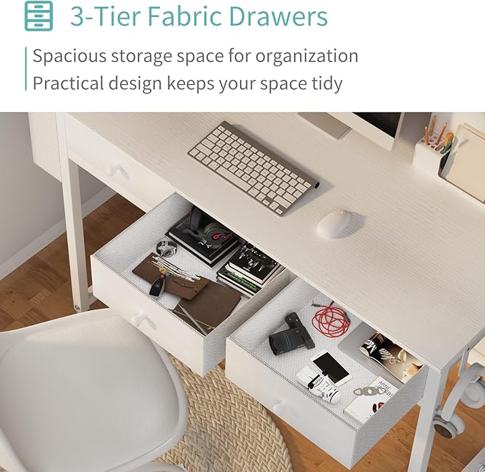 Lufeiya Small White Computer Desk with Drawers for Home Office Bedroom 40 Inch Vanity Desk with Fabric Drawer Storage and Side Pouch Study Writing Table White