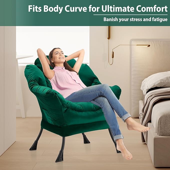 Lazy Chair Thick Padded Comfy Velvet Accent Lounge Chair with Stable Frame Leisure Sofa Armchair with Armrests and Side Pocket Reading Chair for Bedroom Living Room Office Green