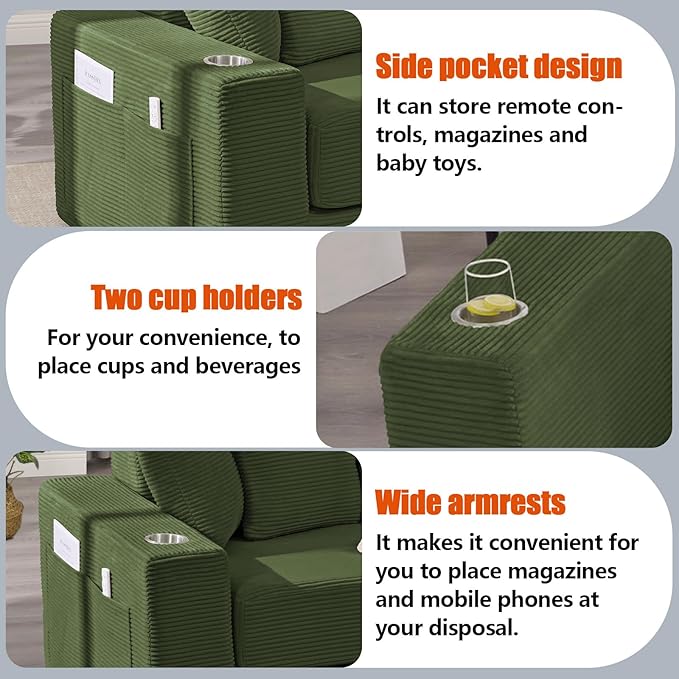 Anwick 2-in-1 Convertible Sleeper Sofa Bed Corduroy Boneless Loveseat Cloud Couch for Living Room Compressed Sofa in a Box 5 Pillows Fixed Frames Side Pockets &amp Cup Holders No Assembly (Gree
