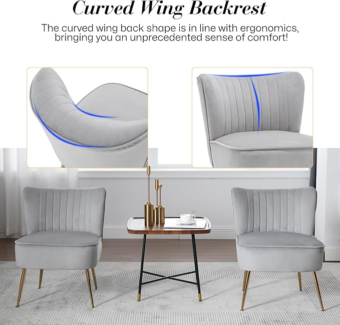 Velvet Accent Chair Set of 2 Comfy Upholstered Side Chair with Gold Metal Legs and Padded Seat Modern Small Corner Armless Living Room Chairs with Wing Back Light Gray
