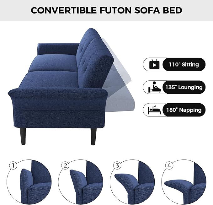 89” Futon Sofa BedComfy Futon Couch Bed with 2 Square PillowsConvertible Sleeper Sofa with Adjustable Backrest&amp Armrests Modern Loveseat Sleeper for Living Room Bedroom Linen Blue