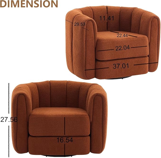 Swivel Accent Chairs for Living Room Teddy Fabric 360° Round Swivel Barrel Armchair Pumpkin Shaped Single Club Sofa Chair for Home Bedroom Apartment Office (Burnt Orange)