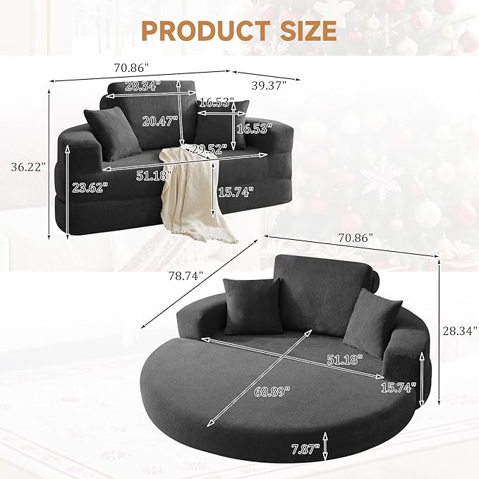Curved Convertible Futon Sleeper Sofa Bed 70 Boneless Couch with Pull-Out Bed Chenille Foldable Floor Mattress for Living Room No Assembly Required Round Grey
