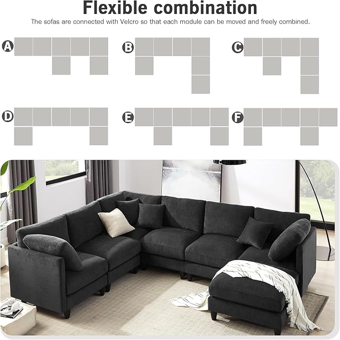 121'' 7-Seater Modular Sectional Upholstered Couches Chenille Cloud Couch with Movable OttomanL/U-Shape Modern Sofa for Living RoomBlack